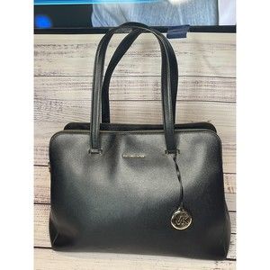 Michael Kors Houston Double Zip Crossgrain Leather Satchel NWOT Black Gold Color